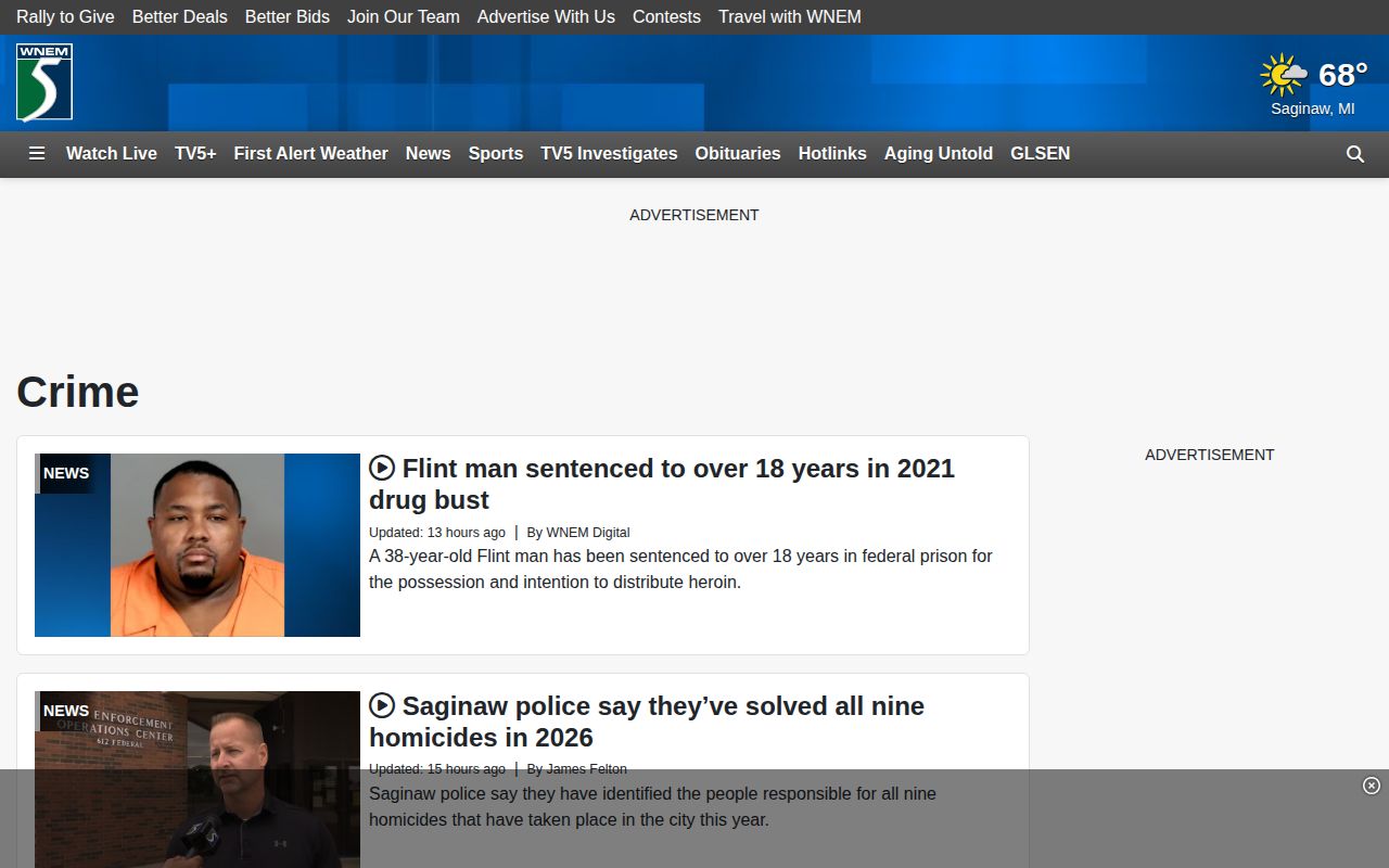 Ogemaw County crime-news record source, WNEM regional Crime section